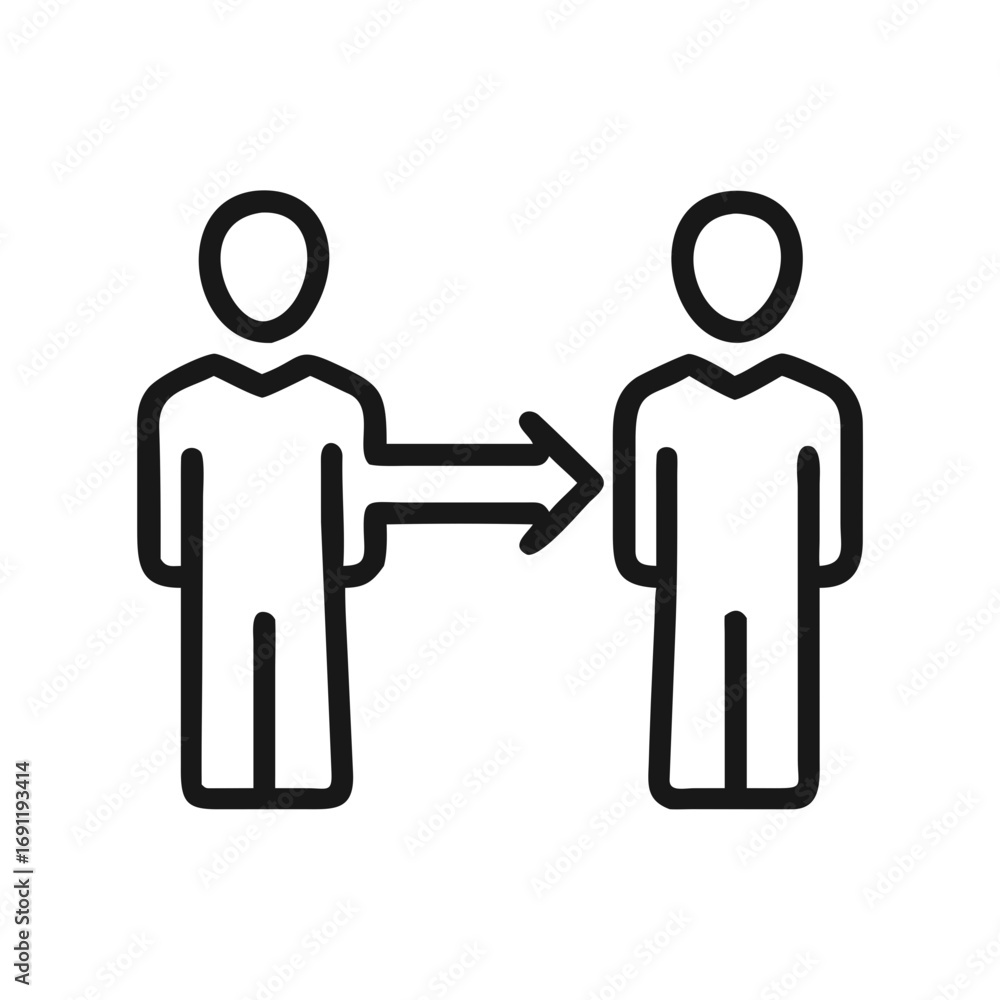 Poster two outline figures facing each other with an arrow connecting them in a simple black and white desi