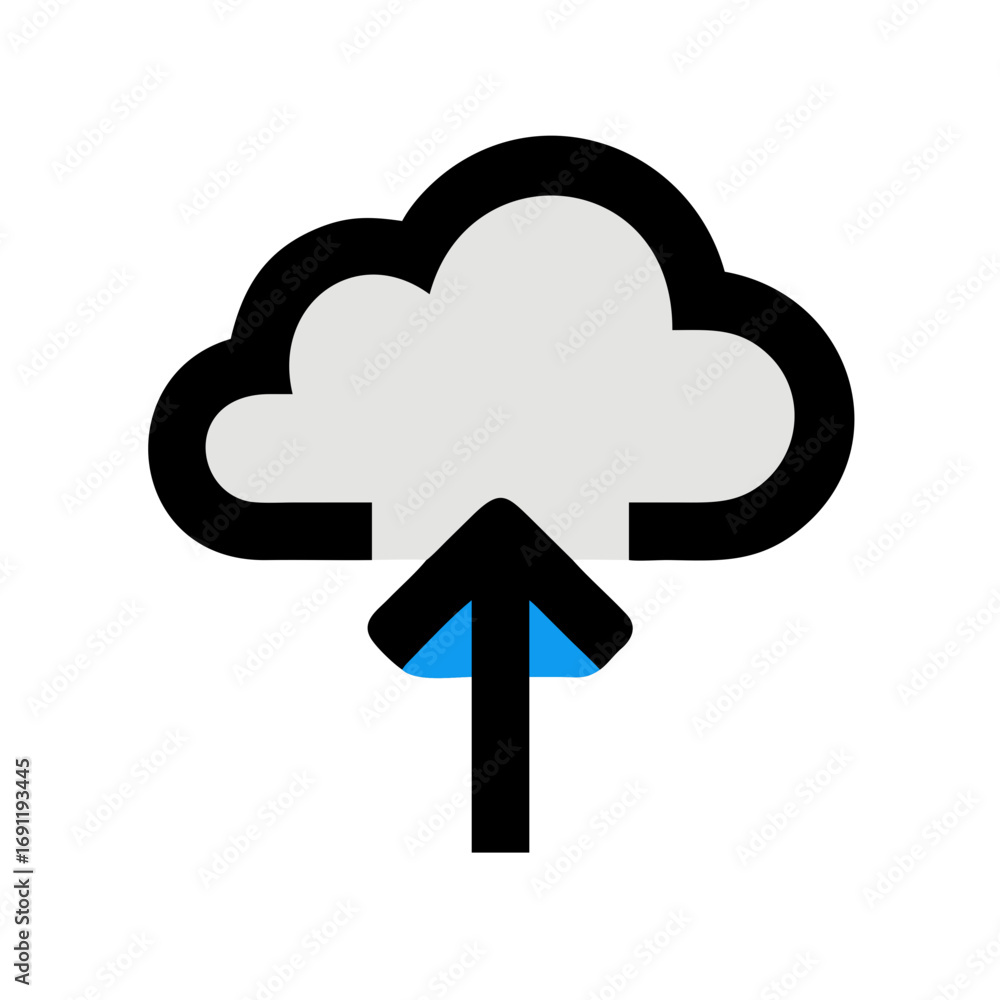 Poster illustration of a cloud with an upward pointing arrow indicating data upload to cloud storage servic
