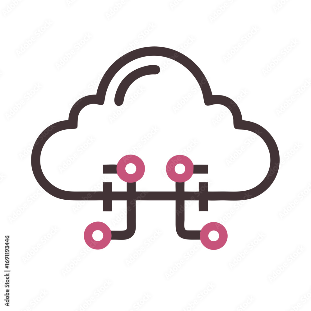 Poster illustration of a cloud outline connected by lines and circles depicting cloud computing network des