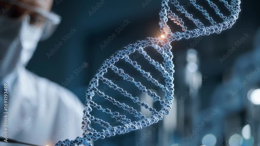 Poster a scientist is using a pair of tweezers to manipulate a dna strand. concept of precision and focus, 