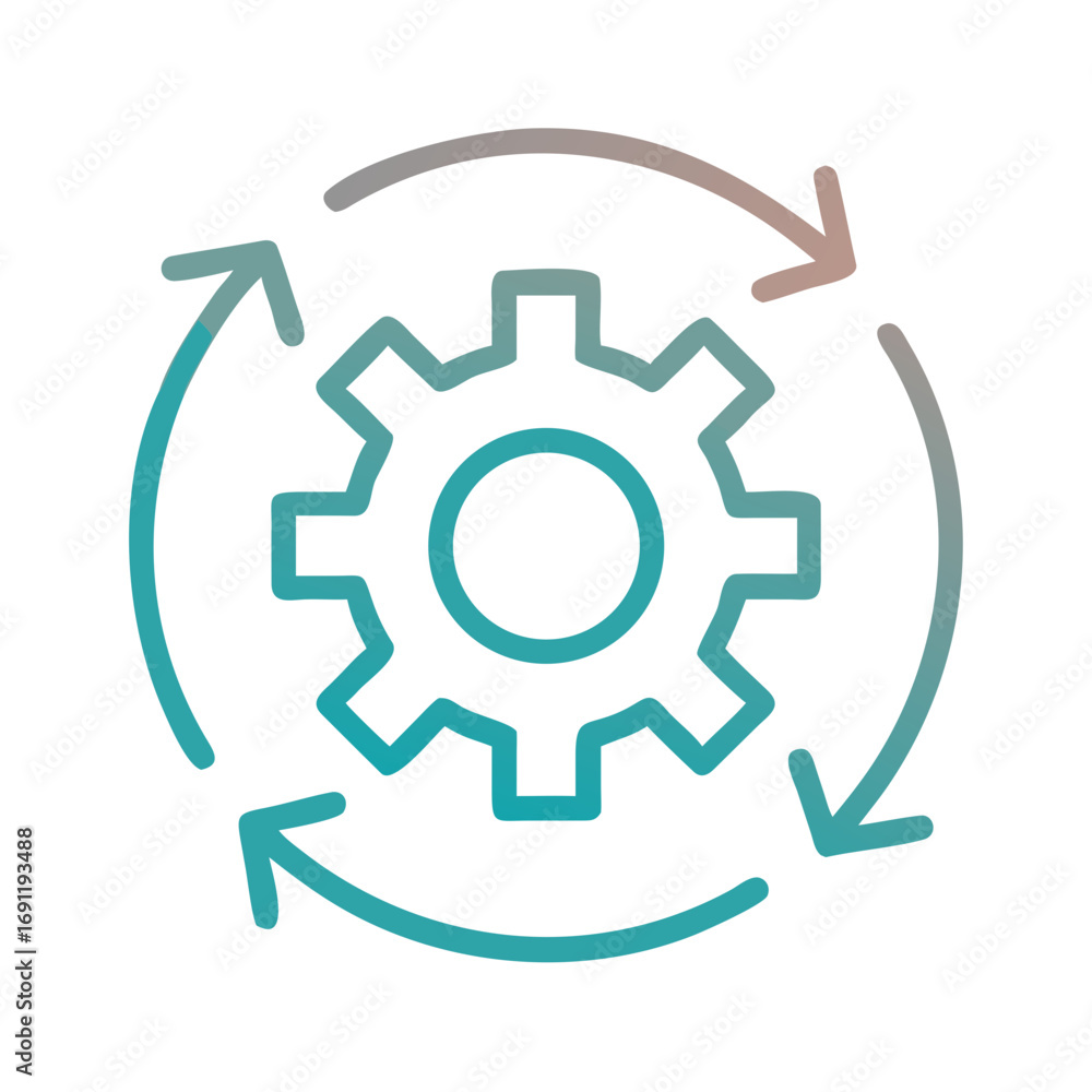 Poster illustration of a gear surrounded by three arrows in a circular motion with a teal and gray gradient
