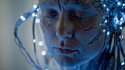 A woman with blue hair and a blue face with wires and lights. The woman is wearing a blue outfit