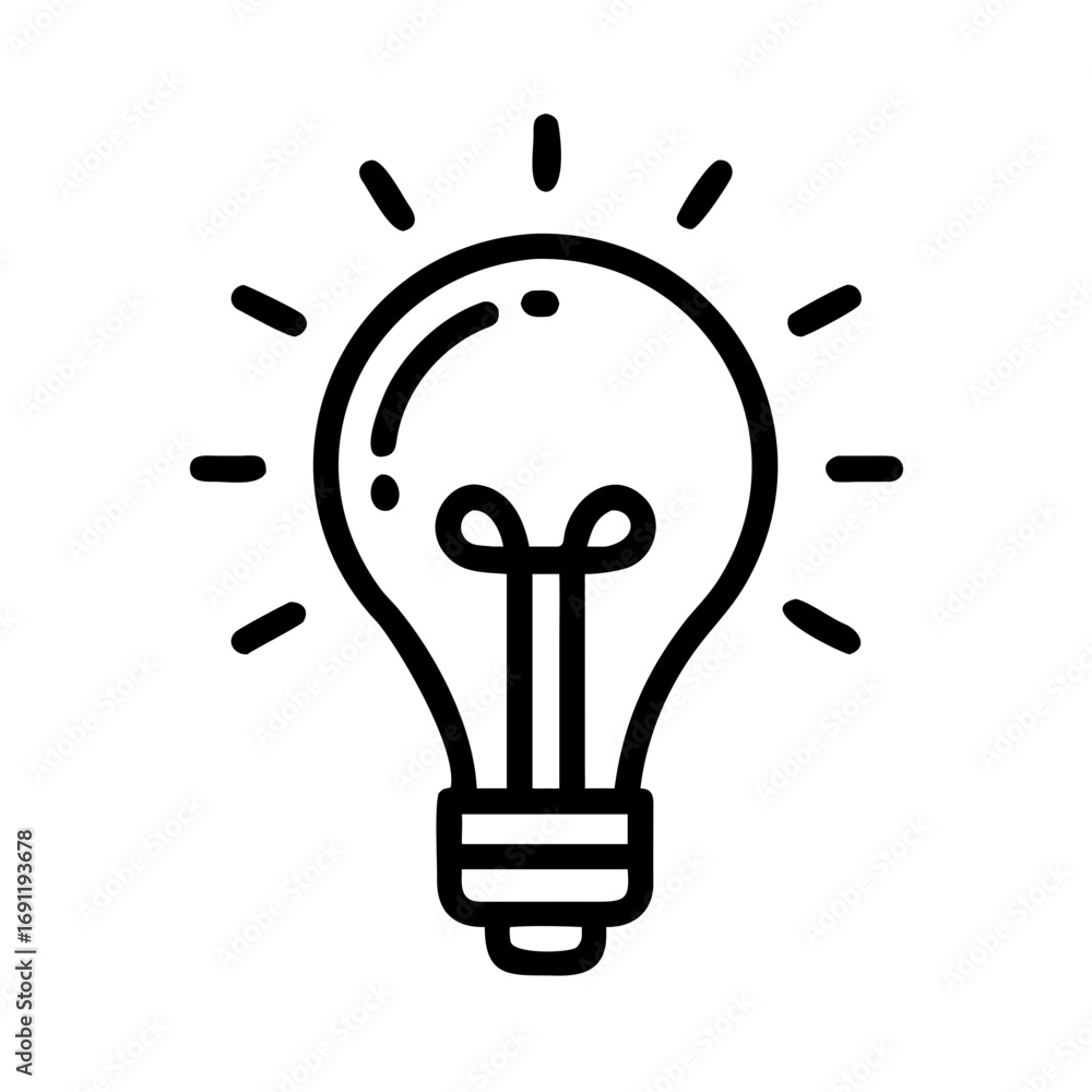 Poster illustration of a light bulb with radiating lines representing an idea or solution in black and whit