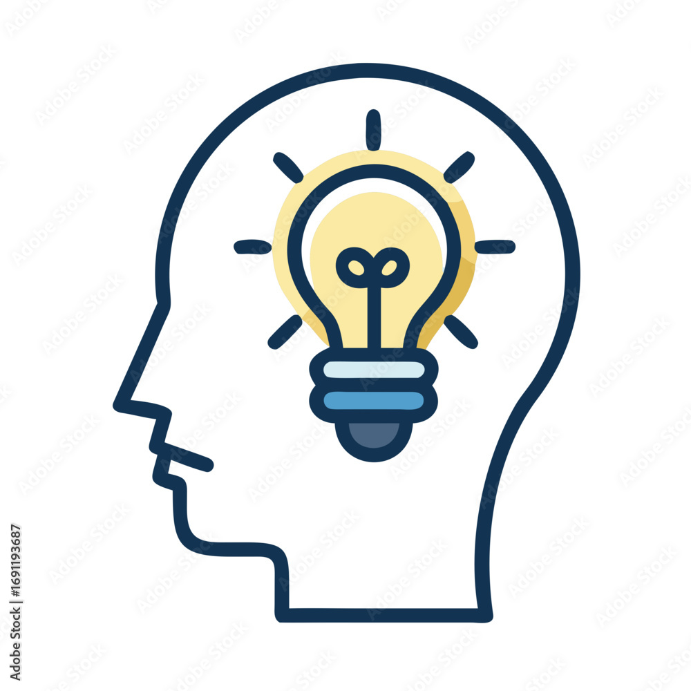 Poster head outline containing a lit lightbulb representing an idea or thought process and creative thinkin