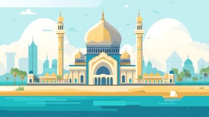 Naklejka premium Majestic Mosque by the Sea: A Serene Coastal Cityscape