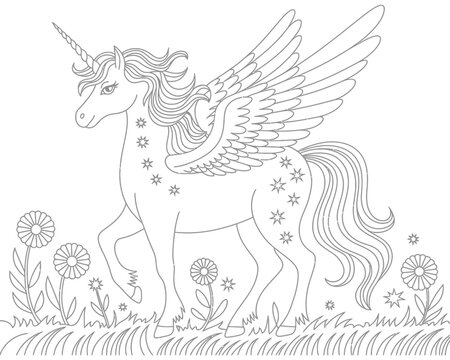 Whimsical Black and White Unicorn with Wings and Stars