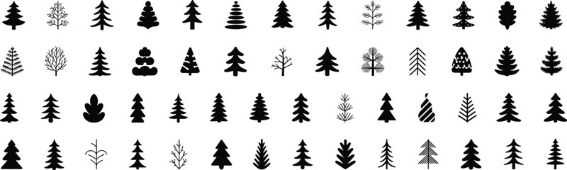 Silhouette pine and fir tree icons set, winter and Christmas evergreen tree collection, nature forest symbols in vector format