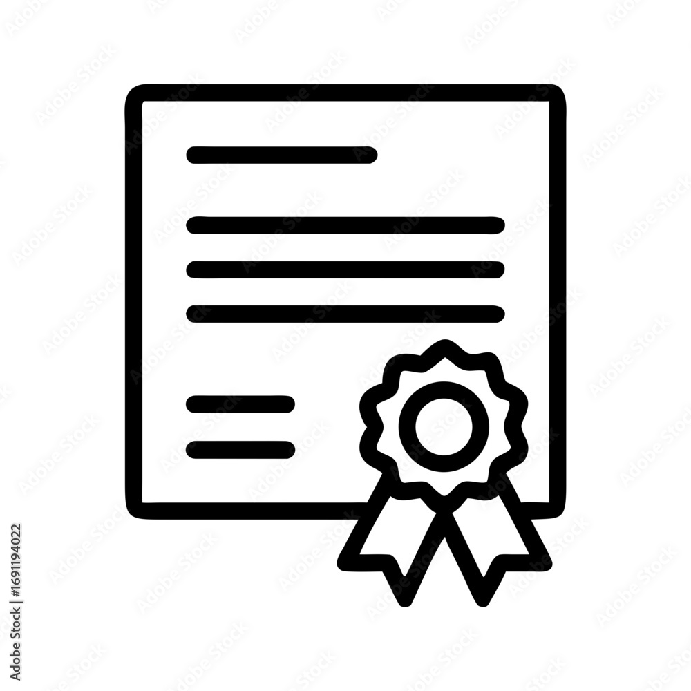 Poster illustration of a certificate with text and a ribbon seal on a white background in a simple outline 