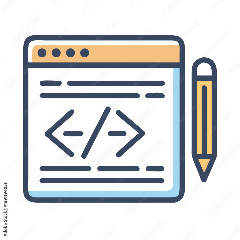 Aufkleber illustration of code editor with code symbols and a pencil for software development and design work