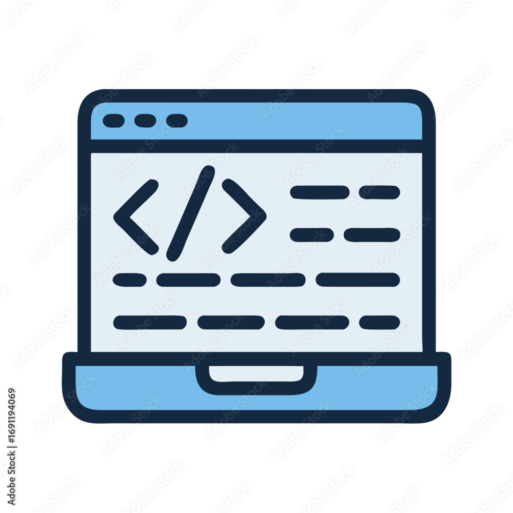Aufkleber illustration of a laptop displaying coding symbols and text lines on its screen in a light blue colo