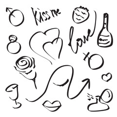 set of romantic elements of hearts, lips, glass, bottle, perfume, feminine and masculine symbols hand drawn in black on white background