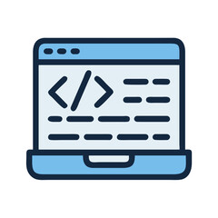 Illustration of a laptop displaying coding symbols and text lines on its screen in a light blue color