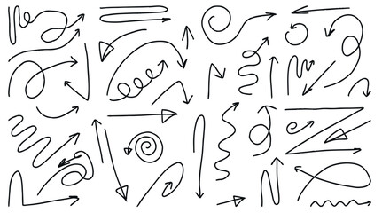 set of black arrows hand drawn in doodle style on white background