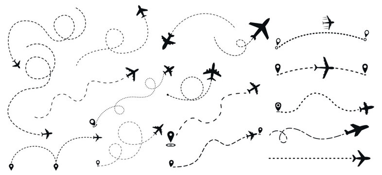 Airplane Route Vector Set with Dotted Flight Paths and Travel Icons
