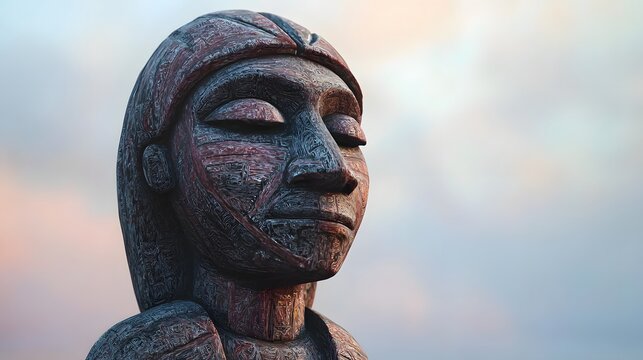 A weathered statue embodies timeless serenity against a soft, inviting sky. This image captures the enduring essence of history and contemplation.