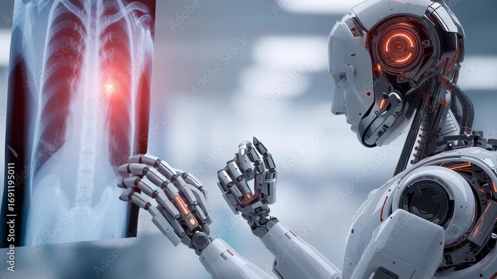 Poster a robot is pointing at a skeleton on a screen. the robot is white and has red glowing eyes