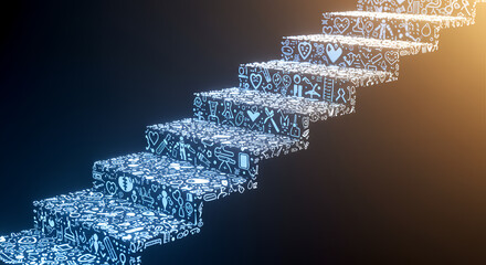Obraz premium Rehabilitation Staircase with Physiotherapy Icons and Uplifting Light