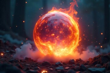 Ethereal Flames Dance Within a Glowing Orb Mystical Arcane Energy Ignites the Air with Otherworldly Light, Capturing an Enigmatic Flammable Essence in a Surreal Image.