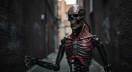 Fototapeta premium Robotic skeleton posing in urban alleyway with graffiti background 