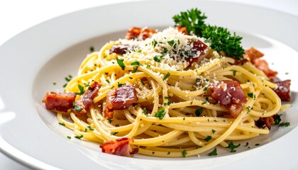 Plate of spaghetti carbonara with bacon pieces, close-up shot