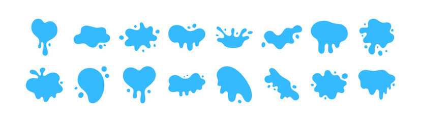 Water splash drop vector liquid puddle fluid shape cartoon icon set. Blue splash element tear blob design rain droplet.