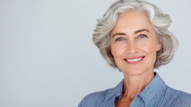 smiling beautiful mature business woman standing isolated on white background older senior businesswoman 60s grey haired lady professional female ceo coach looking at camera banner copy space no logo