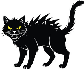 Aggressive black cat cartoon, Halloween silhouette, defensive feline pose, flat vector, cad drawing, stock image, spooky animal theme