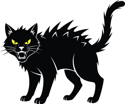 Aggressive black cat cartoon, Halloween silhouette, defensive feline pose, flat vector, cad drawing, stock image, spooky animal theme