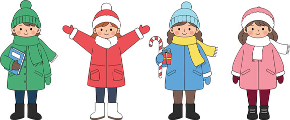 Cartoon children in winter clothing, festive holiday outfits, cheerful poses, flat vector, cad drawing, stock image, seasonal theme