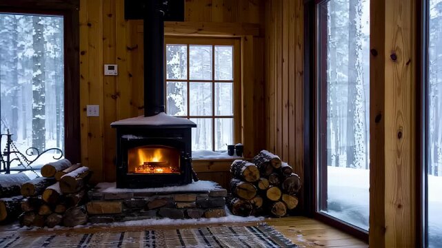 Cozy Cabin Interior with Fireplace and Snowy Forest View in Winter Season. Seamless looping 4k video background