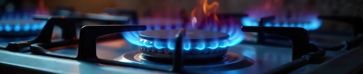Close-up view of a gas stove igniting, flames licking upwards, revealing the blue burner flames and the metallic surface  Ready to cook a delicious meal!, stove,  knob