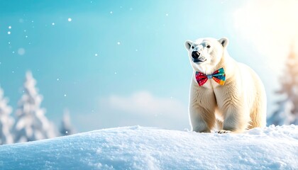 Polar bear with rainbow bowtie in snowy landscape