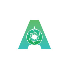 A stylish logo featuring the letter 'A' with a camera aperture. The modern green gradient makes this design perfect for photography or creative media brands.