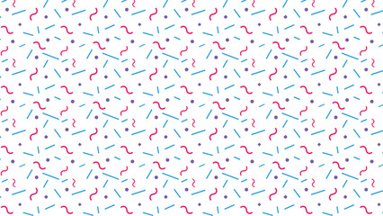 This vibrant pattern features playful lines, squiggles, and shapes in bright pink and blue against a white background, creating an energetic and fun design ideal for celebrations and cheerful projects