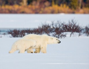 Polar bears mother and cub in snowy landscape