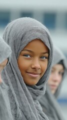 A young girl wearing a grey scarf with a blue eye. She is smiling and looking at the camera