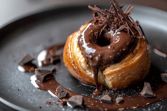 Close up of a flaky croissant filled with rich chocolate ganache and topped with chocolate shavings, sitting on a dark plate drizzled with melted chocolate