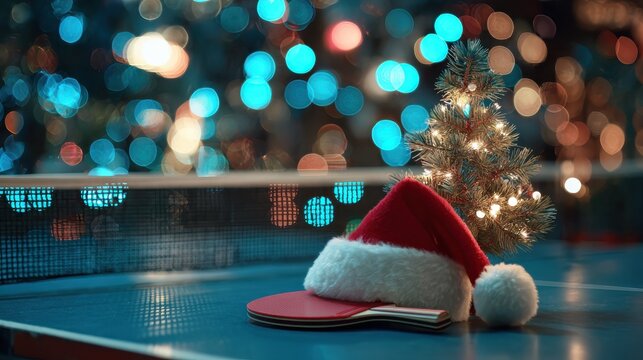 a festive scene featuring a santa hat and two ping pong paddles with a small christmas tree set against a bokeh background of christmas lights on a ping pong table bokeh light lights background bo - Powered by Adobe