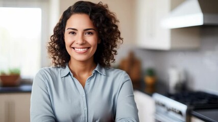 Smiling woman stands confidently in modern kitchen while preparing for a cooking session during a bright afternoon