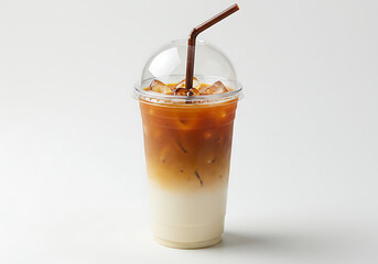Iced coffee layered drink with straw plastic cup dome lid