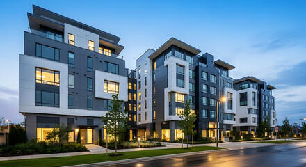 Modern urban townhouse architecture with warm interior lighting at dusk