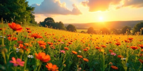 Golden hour sunlight bathes a vibrant summer landscape Fields of wildflowers sway gently in the warm breeze, creating a picturesque scene of idyllic summer bliss , rays, sun