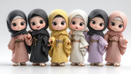Fototapeta premium Cute, stylized dolls in hijab, various colors, standing in a row