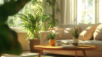Fototapeta premium 暖かな光が差し込むリビングルームの植物と白いソファ 木のテーブルと快適な雰囲気