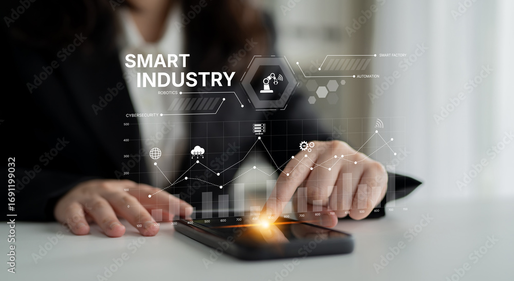 Aufkleber smart industry dashboard combining automation, robotics, cloud integration, cybersecurity, and data 