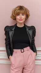 A woman in a black jacket and pink pants poses for a photo. Concept of confidence and style, as the woman stands tall and smiles for the camera. The combination of the black jacket