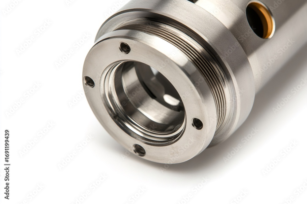 Poster shiny metallic component with intricate details, highlighting precision in manufacturing and enginee