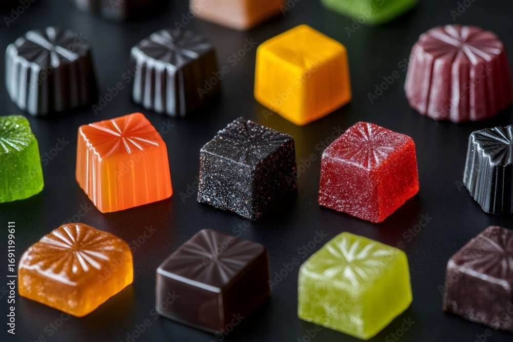 Poster close up of colorful square fruit candies arranged on a black background, creating a visually appeal