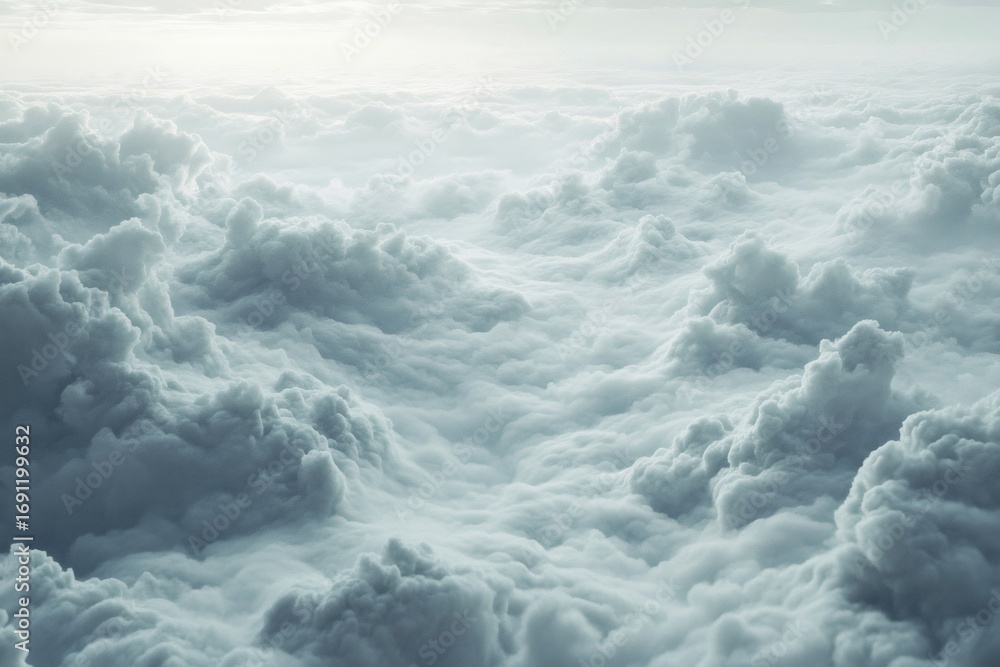 Poster sunlight filters through a breathtaking expanse of fluffy white clouds, creating a mesmerizing aeria