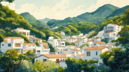 Obraz premium White Village Houses with Red Tile Roofs Amidst Green Trees and Hills in Daytime